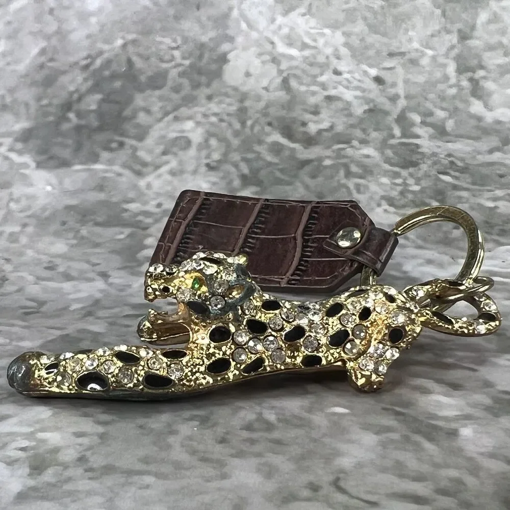 VTG Panther Leopard Keychain Clasp Gold Tone Crystal Rhinestones Enamel